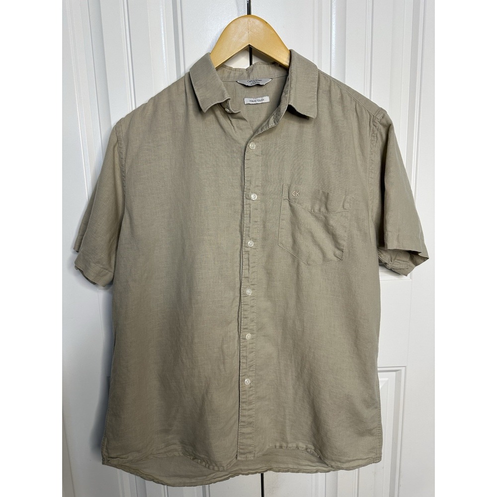 Calvin Klein Men's Shirt Medium Beige Cotton Casual Minimal Classic Neutral